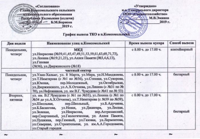 График вывоза ТКО в п. Комсомольский. График вывоза ТКО в п. Комсомольский.